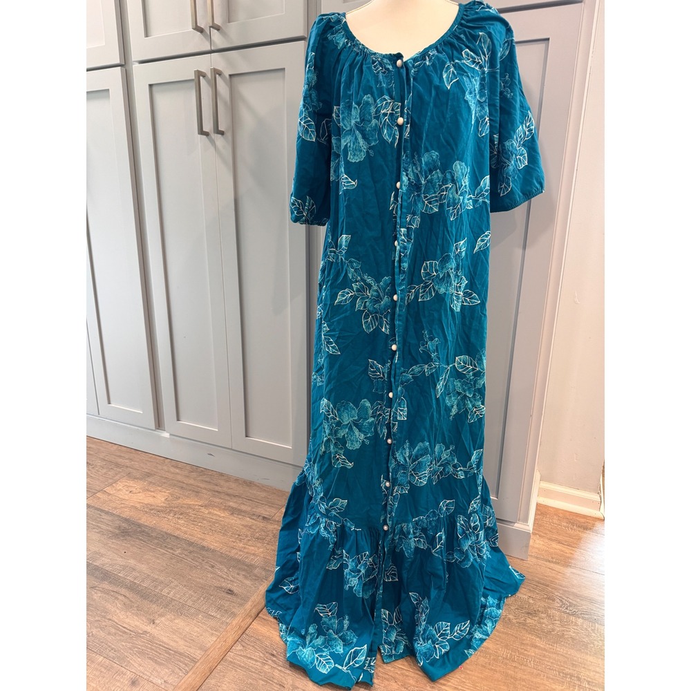 Hilo Hattie Teal Blue Tropical Hibiscus Maxi Muumuu Dress XL Hawaii Mrs Roper